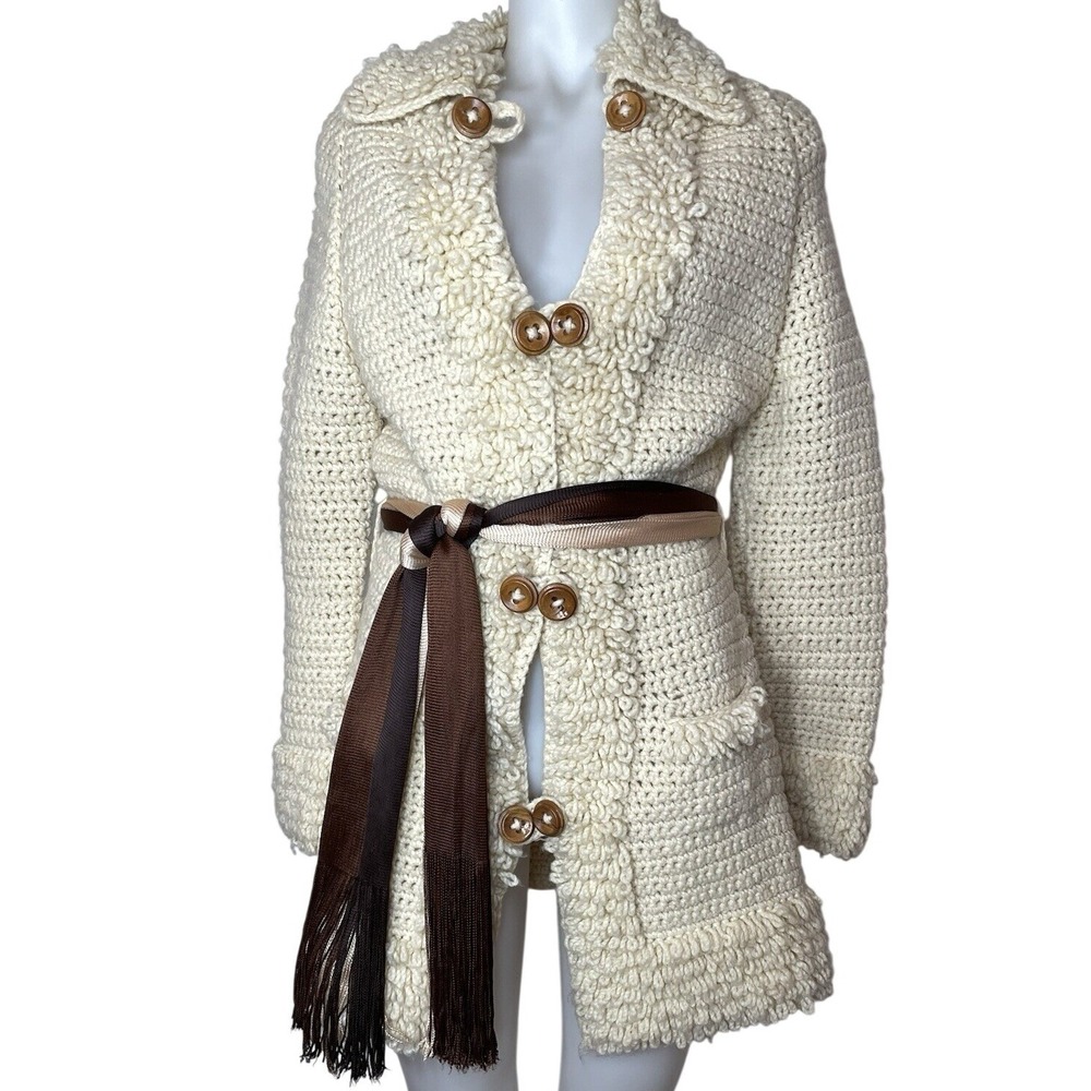 Vintage 70s Chunky Cream Crochet Cardigan Fringe Sweater Belted Boho Retro Small